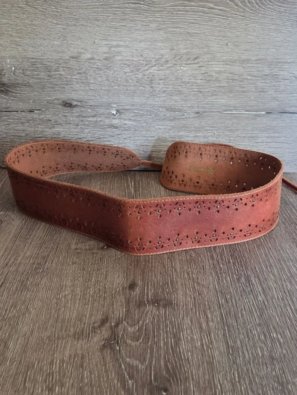 Noble Outfitters Brown Leather Perforated Laser Cut Stud Wide Tie Waist Hip Belt